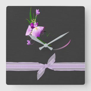 Pretty Elegant  Purple Flower-Black Background Square Wall Clock