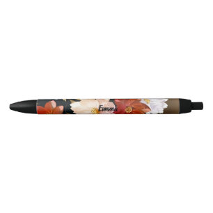 Pretty & Elegant Red White Pink Floral Custom Name Black Ink Pen