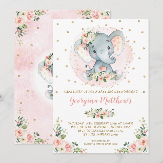 Pretty Elephant Baby Shower Blush Gold Floral Rose Invitation (Front/Back)