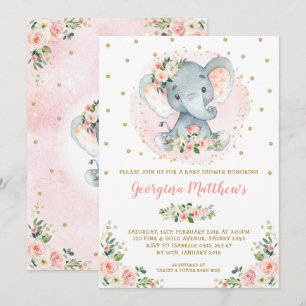 Pretty Elephant Baby Shower Blush Gold Floral Rose Invitation