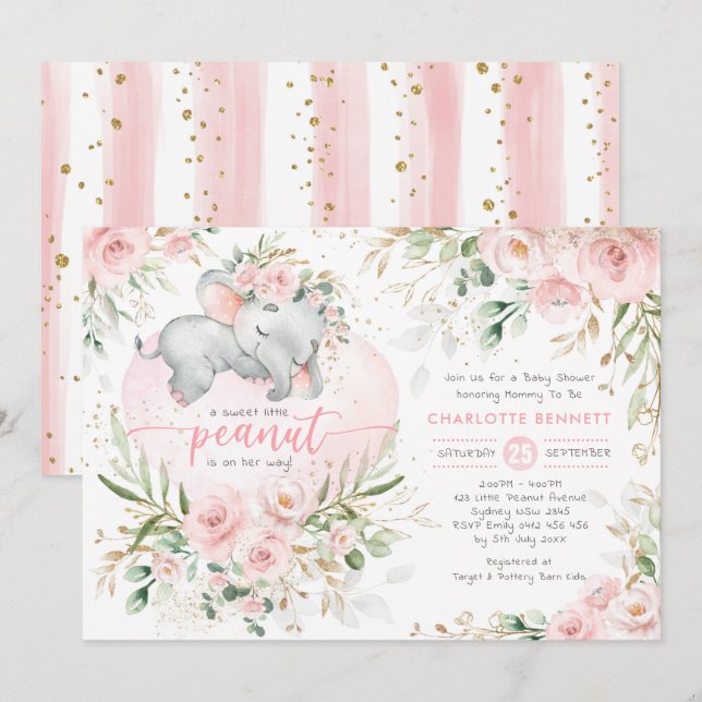 Pretty Elephant Blush Pink Gold Floral Baby Shower Invitation (Front/Back)