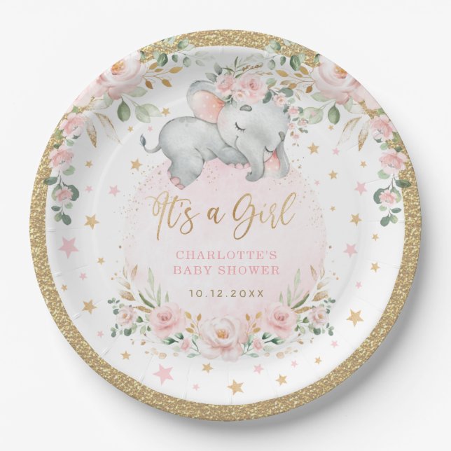 Pretty Elephant Blush Pink Gold Flower Baby Shower Paper Plate (Front)
