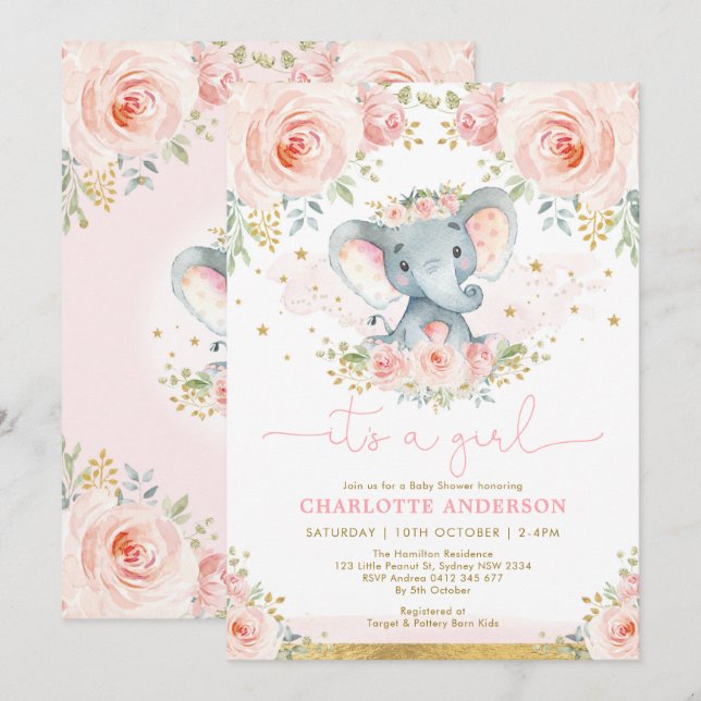 Pretty Elephant Blush Pink Roses Baby Girl Shower Invitation (Front/Back)
