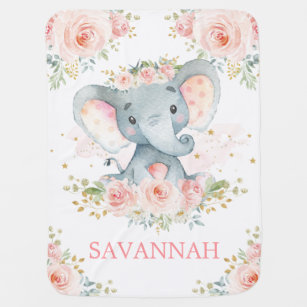 Pretty Elephant Pink Gold Floral Girl Baby Blanket
