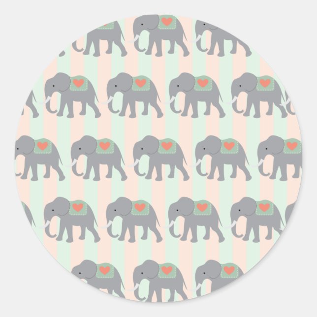 Pretty Elephants Coral Peach Mint Green Striped Classic Round Sticker (Front)