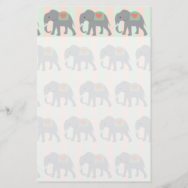 Pretty Elephants Coral Peach Mint Green Striped Stationery (Front)