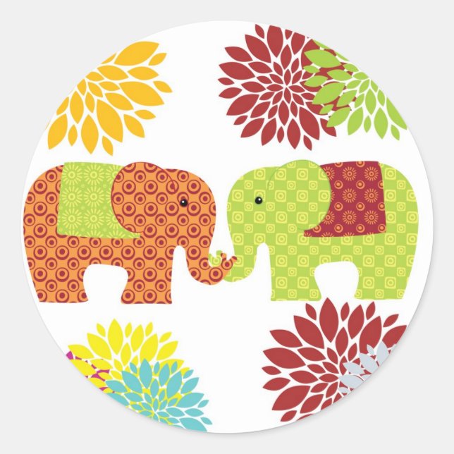 Pretty Elephants in Love Holding Trunks Flowers Classic Round Sticker (Front)