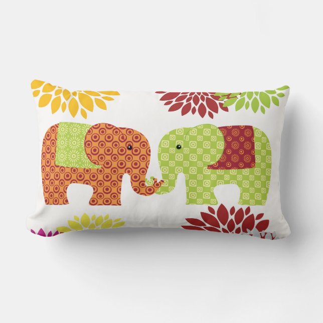 Pretty Elephants in Love Holding Trunks Flowers Lumbar Cushion (Front)
