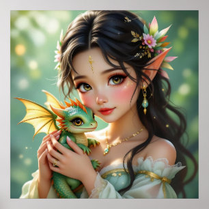 Pretty Elven Fairy & Dragon  Poster