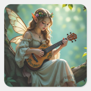 Pretty Elven Fairy Playing Ukulele Square Sticker