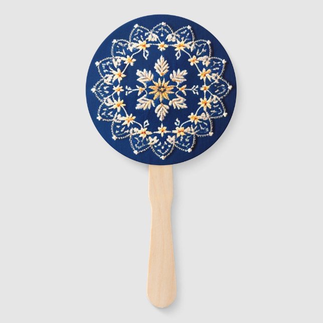 Pretty Embroidered Look Blue Hand Fans (Front)