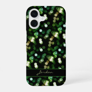 Pretty Emerald Green & Gold Sparkle Lights w/ Name iPhone 16 Case
