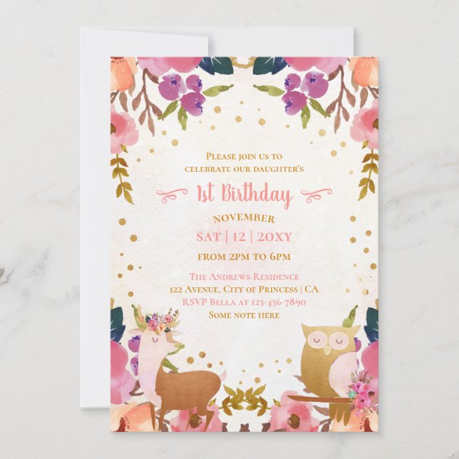 Pretty Enchanted Forest Animals 1st Birthday Invitation (Front)