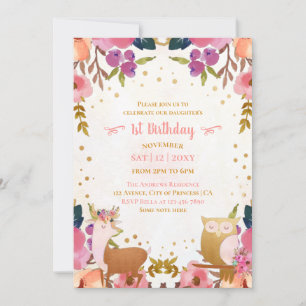 Pretty Enchanted Forest Animals 1st Birthday Invitation