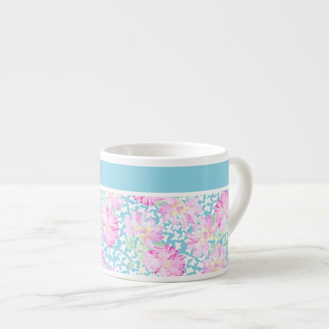Pretty Espresso Mug, Pink Roses, White Butterflies Cup (Front Right)