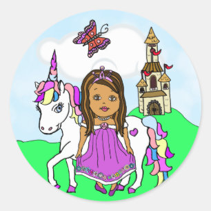 Pretty Ethnic Princess and Unicorn Castle Classic Round Sticker