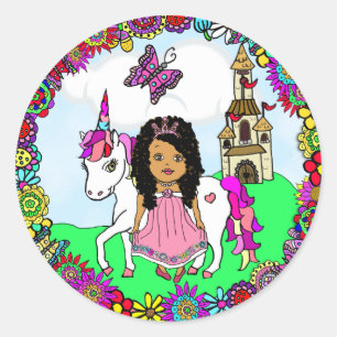 Pretty Ethnic Princess and Unicorn Castle Classic Round Sticker