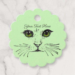Pretty Face of Cat Black Drawing Bright Green Eyes Favour Tags