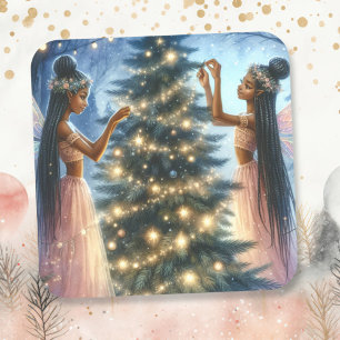 Pretty Fairies Decorating the Christmas Tree Square Sticker
