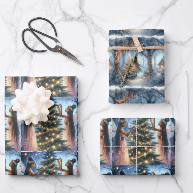 Pretty Fairies Decorating the Christmas Tree  Wrapping Paper Sheet (Front)