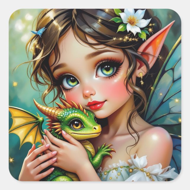 Pretty  Fairy and Dragon Themed Girl's   Square Sticker (Front)