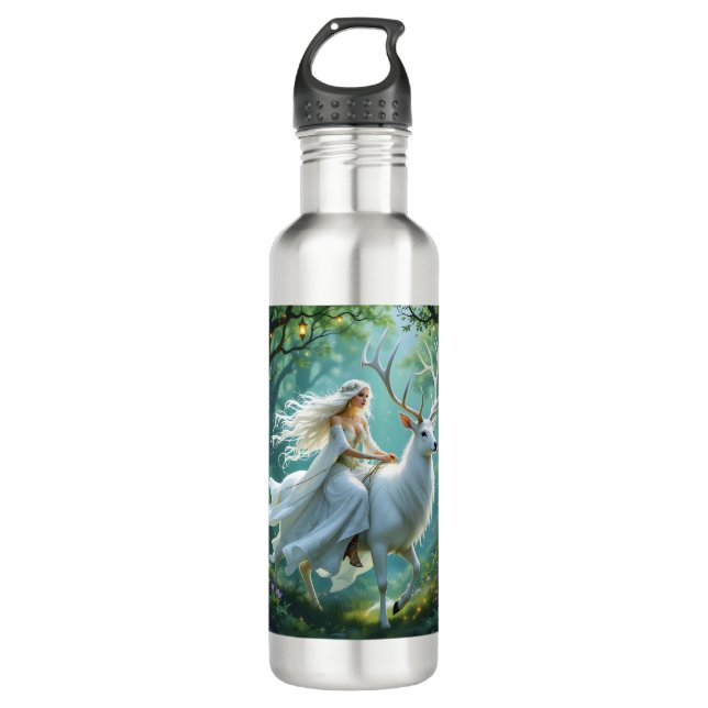 Pretty Fairy and White Deer in Enchanted Forest 710 Ml Water Bottle (Front)