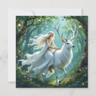 Pretty Fairy and White Deer in Enchanted Forest Card