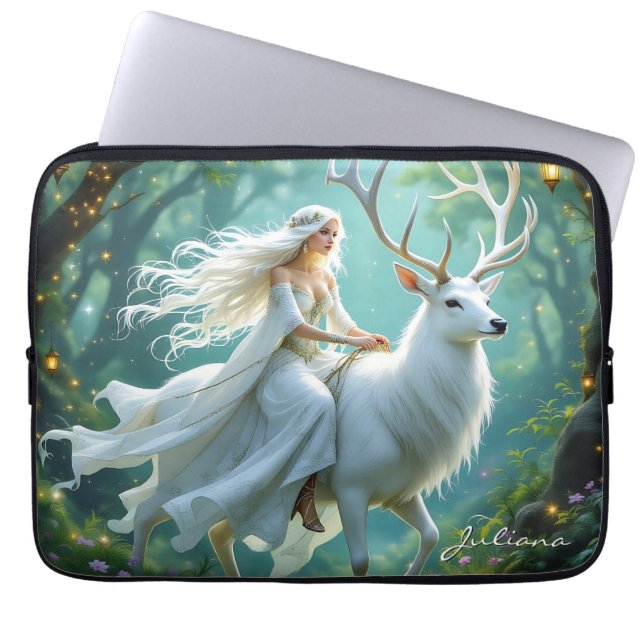 Pretty Fairy and White Deer in Enchanted Forest Laptop Sleeve (Front)
