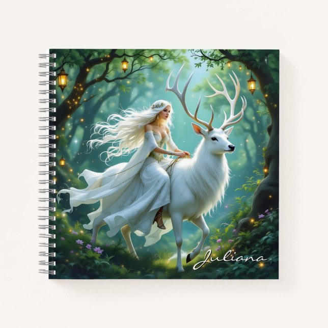 Pretty Fairy and White Deer in Enchanted Forest Notebook (Front)