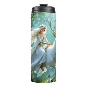Pretty Fairy and White Deer in Enchanted Forest Thermal Tumbler