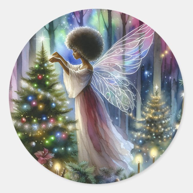 Pretty Fairy Decorating the Christmas Tree  Classic Round Sticker (Front)