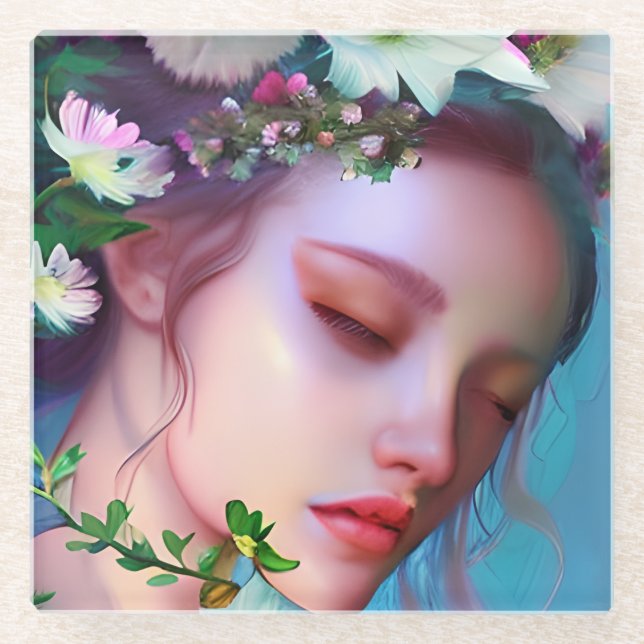Pretty Fairy Flowers in Hair Fantasy Art   Glass Coaster (Front)