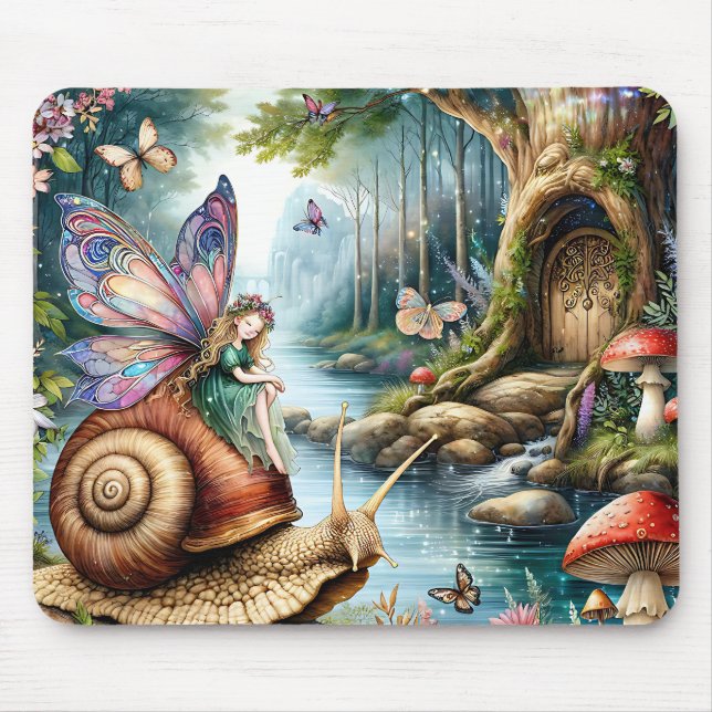 Pretty Fairy Land with cute Snail and Butterflies Mouse Mat (Front)