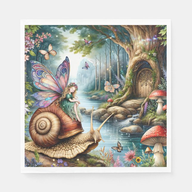 Pretty Fairy Land with cute Snail and Butterflies Napkin (Front)