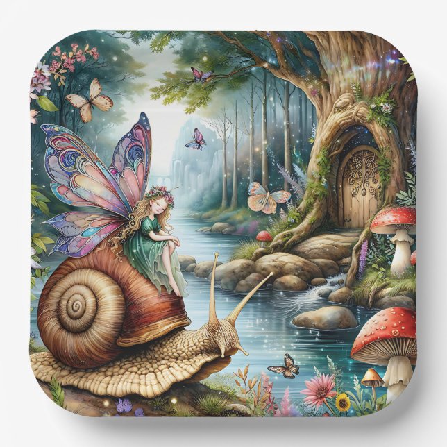 Pretty Fairy Land with cute Snail and Butterflies Paper Plate (Front)
