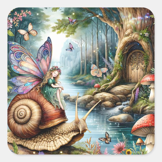 Pretty Fairy Land with cute Snail and Butterflies Square Sticker (Front)