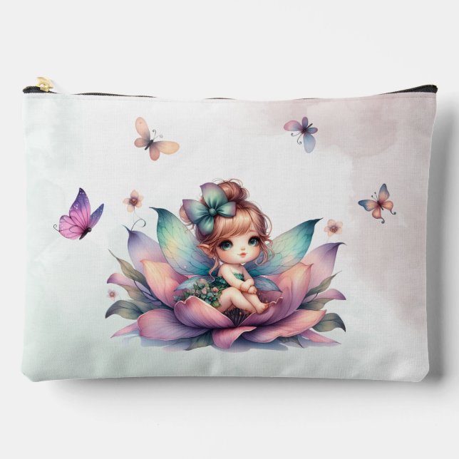 Pretty fairy sitting inside flower accessory pouch (Front)