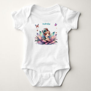 Pretty fairy sitting inside flower  baby bodysuit