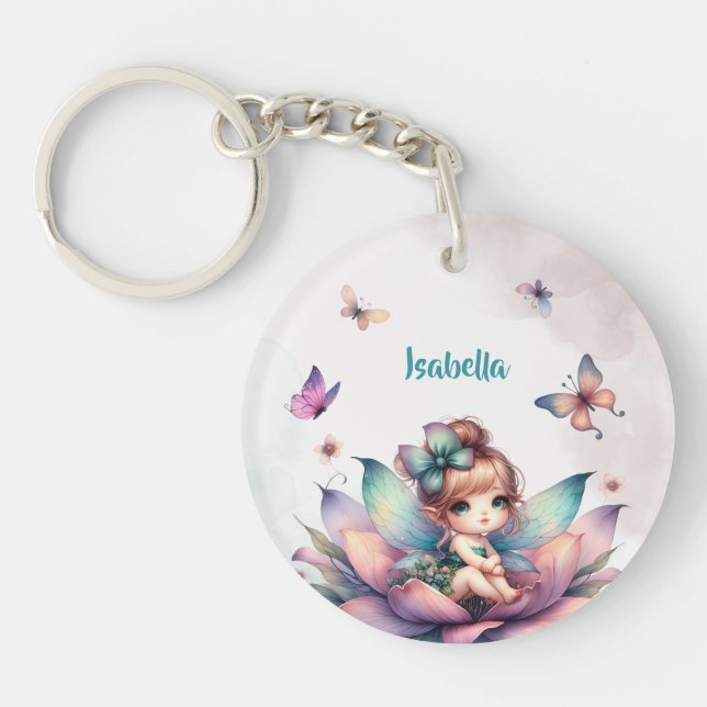 Pretty fairy sitting inside flower key ring (Front)