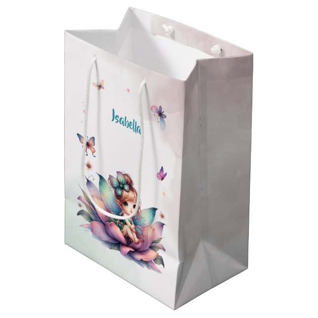 Pretty fairy sitting inside flower medium gift bag (Front Angled)