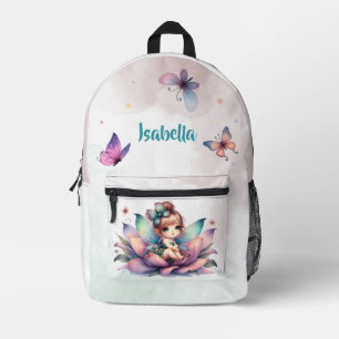 Pretty fairy sitting inside flower printed backpack