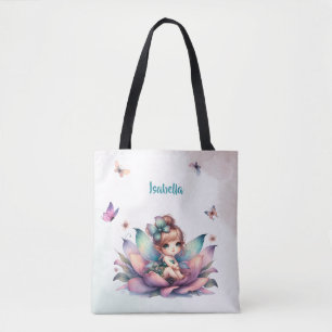Pretty fairy sitting inside flower tote bag