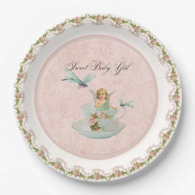 Pretty Fairy Tea Cup Party Baby Shower Party Decor Paper Plate (Front)