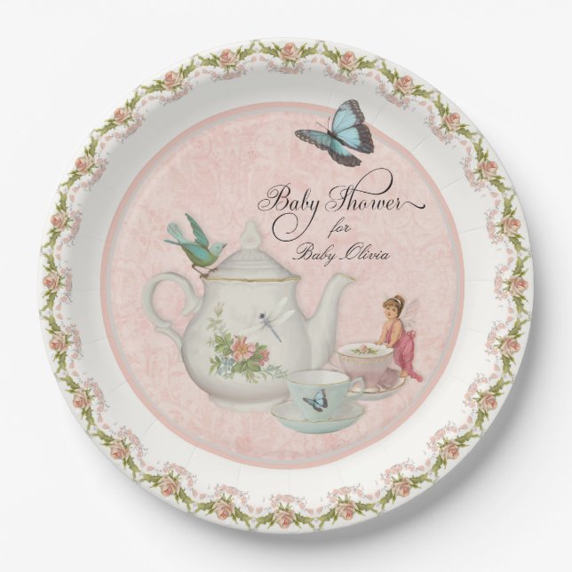 Pretty Fairy Tea Party Baby Shower Party Decor Paper Plate (Front)