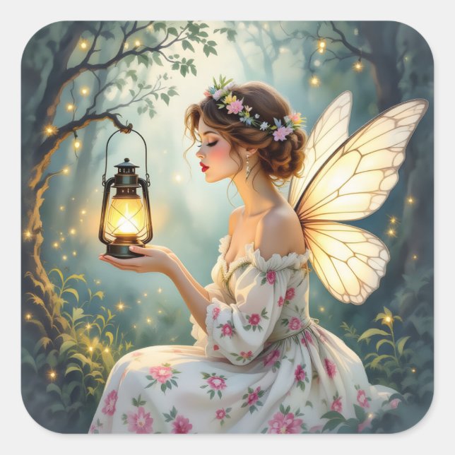 Pretty Fairy Themed Floral Fairytale Square Sticker (Front)