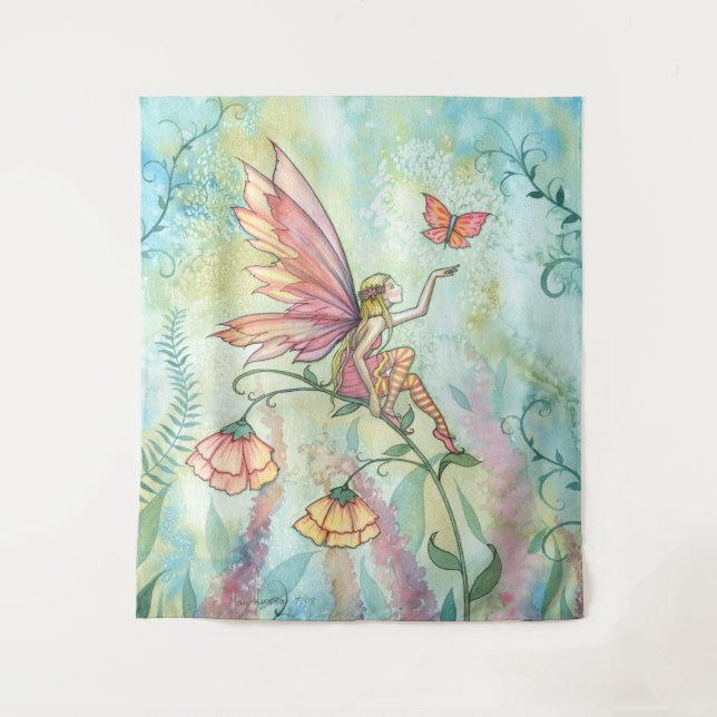 Pretty Fairy with Butterfly Watercolor Art Tapestry (Front)
