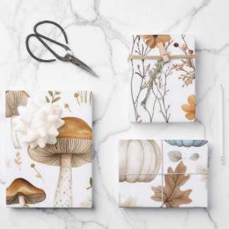 PRETTY FALL BROWN MUSHROOMS AND FLOWERS WRAPPING PAPER SHEET