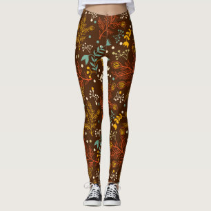 Pretty Fall Flowers on Rich Brown Background Leggings