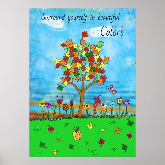 Pretty Fall Leaves Autumn Tree Folk Art Poster (Front)
