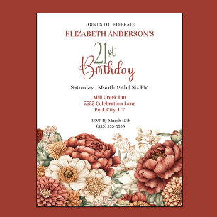 Pretty Fall Peony 21st Birthday Invitation